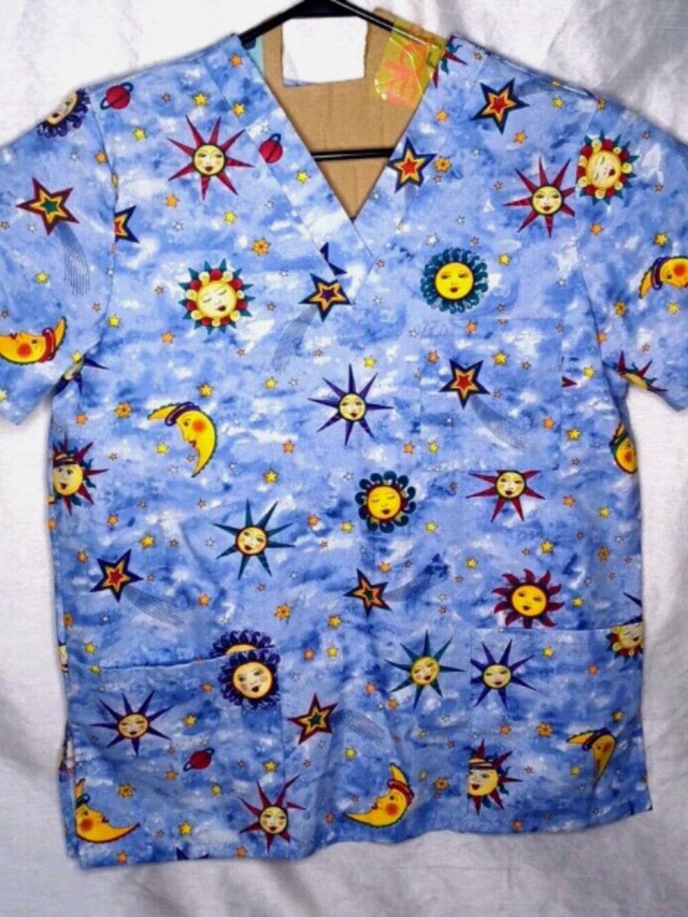 Fashion Scrubs Womens Top Medium Blue Solar Themed Scrubs Sun and Stars Pockets